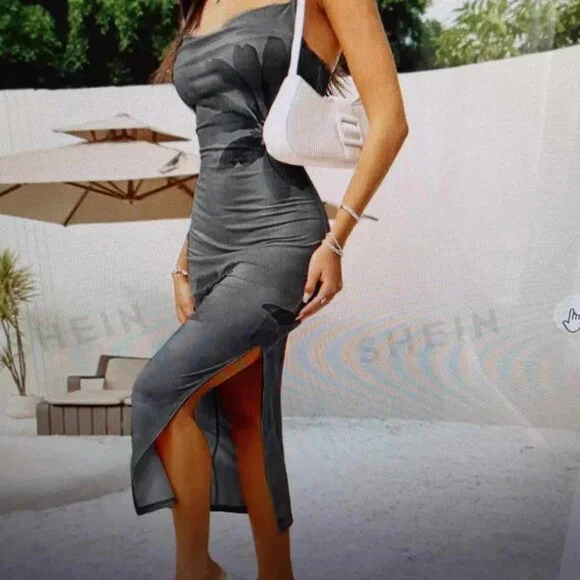 sleek matte black floral print body con dress with high slit - size XS - Picture 2 of 5